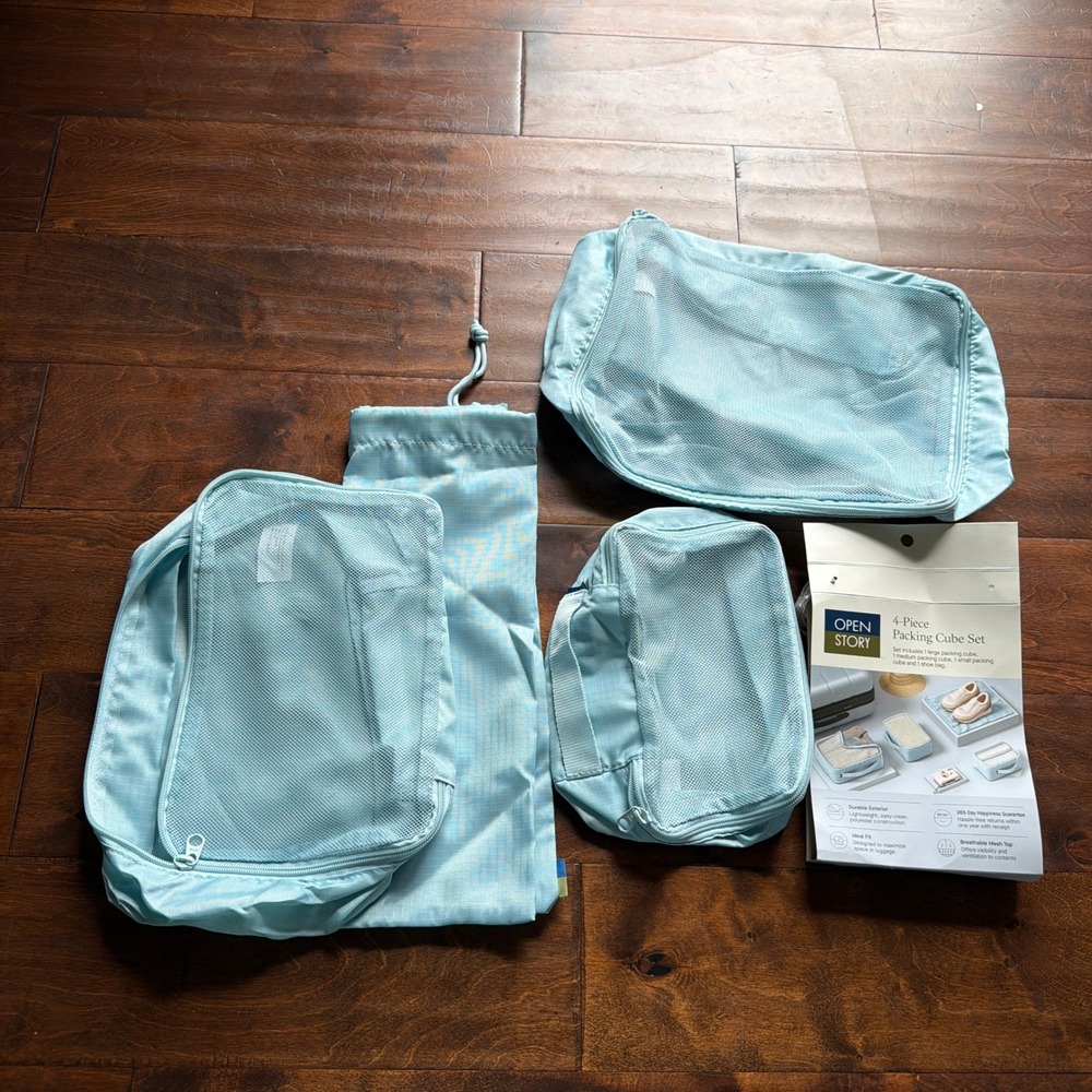 Open Story 4 Piece Packing Cube Set Light Blue Travel Organizer with Shoe Bag